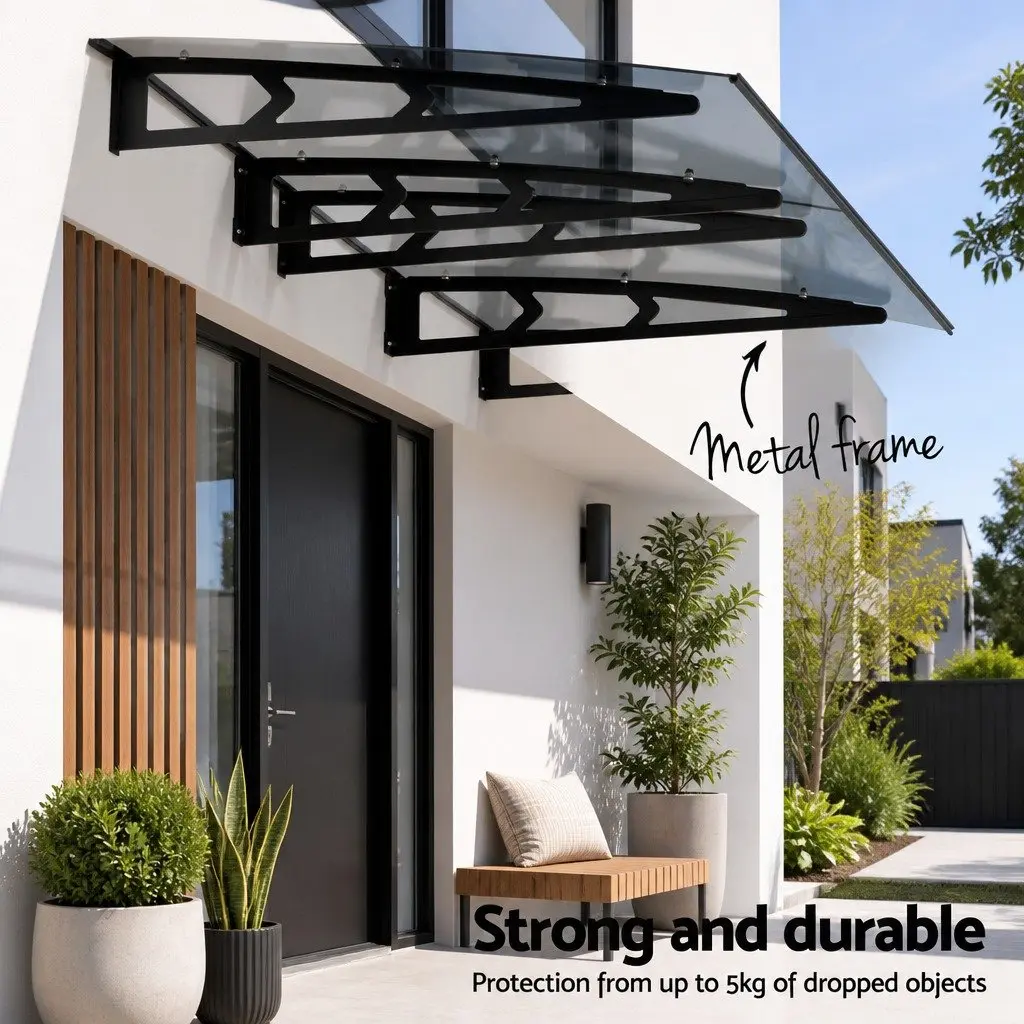 Awning Canopy Polycarbonate Panel 1m x 2m Grey Metal Frame Door Window Shade