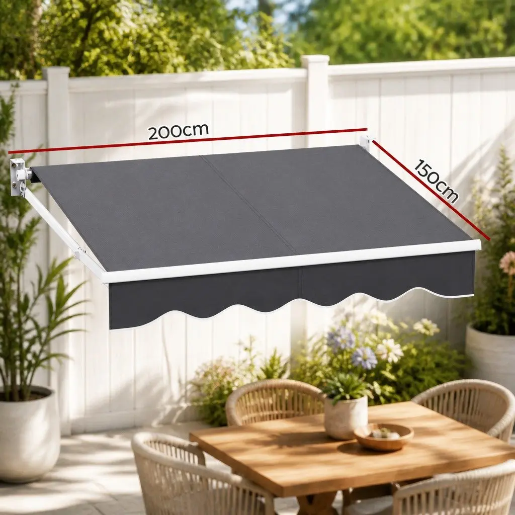 Folding Arm Awning Manual Retractable Sunshade Aluminium Frame Polyester Fabric 2m x 1.5m Grey
