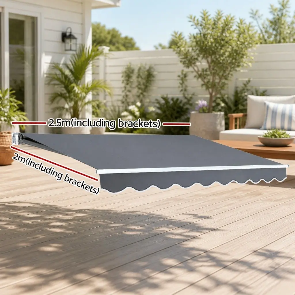 Folding Patio Awning Manual Retractable Sunshade 2.5m x 2m Grey Aluminium Frame Polyester Fabric