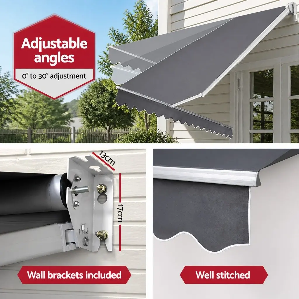 Folding Patio Awning Manual Retractable Sunshade 2.5m x 2m Grey Aluminium Frame Polyester Fabric