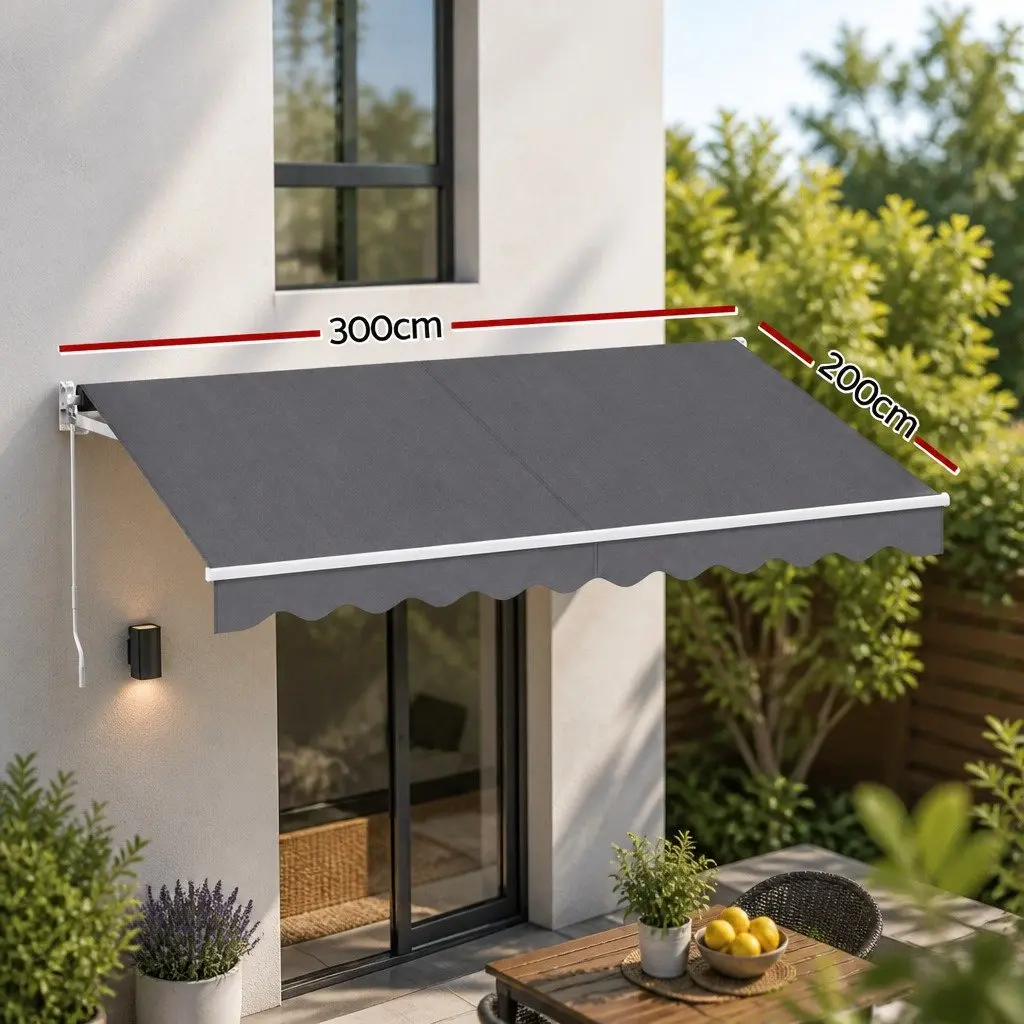 Folding Arm Awning Retractable Aluminium Frame 3M X 2M Grey Polyester Fabric