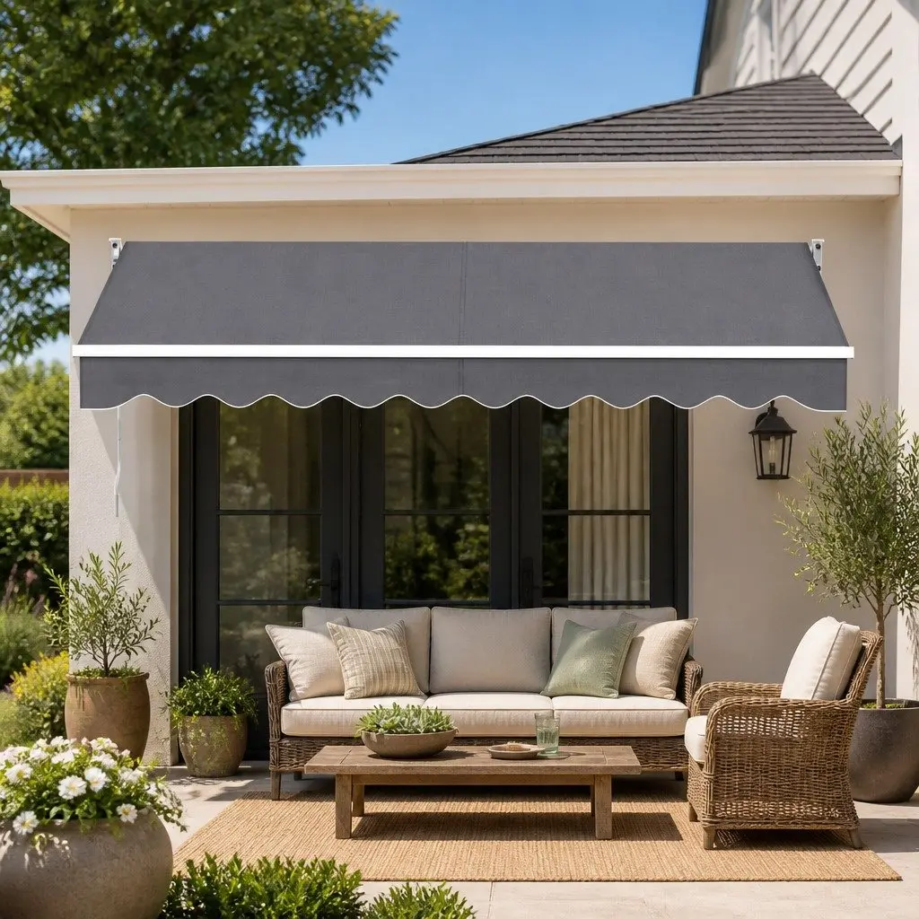 Folding Arm Awning Retractable Aluminium Frame 3M X 2M Grey Polyester Fabric