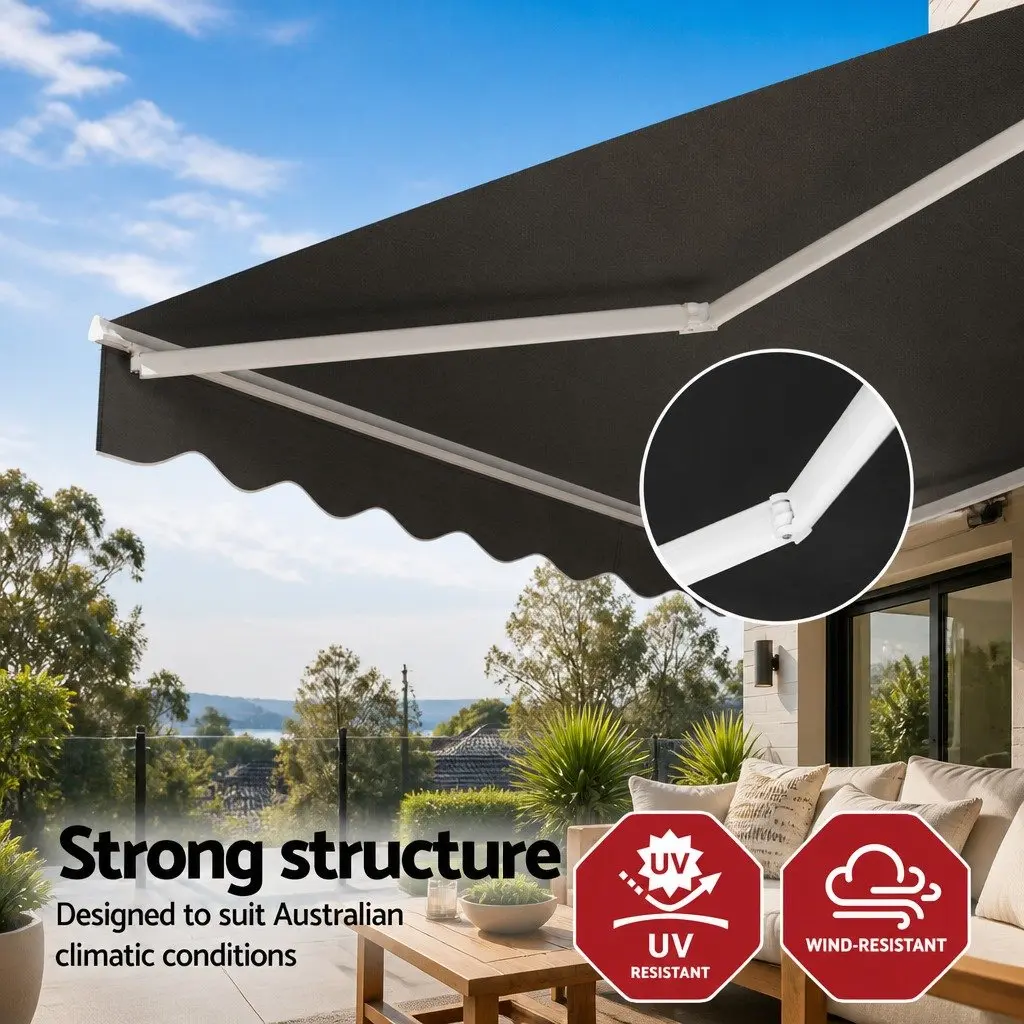 Folding Arm Awning Retractable Aluminium Frame 3M X 2M Grey Polyester Fabric