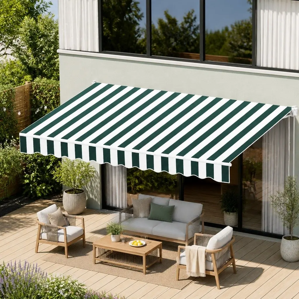 Folding Arm Awning Manual Retractable Aluminium Frame 3m x 2.5m Green White
