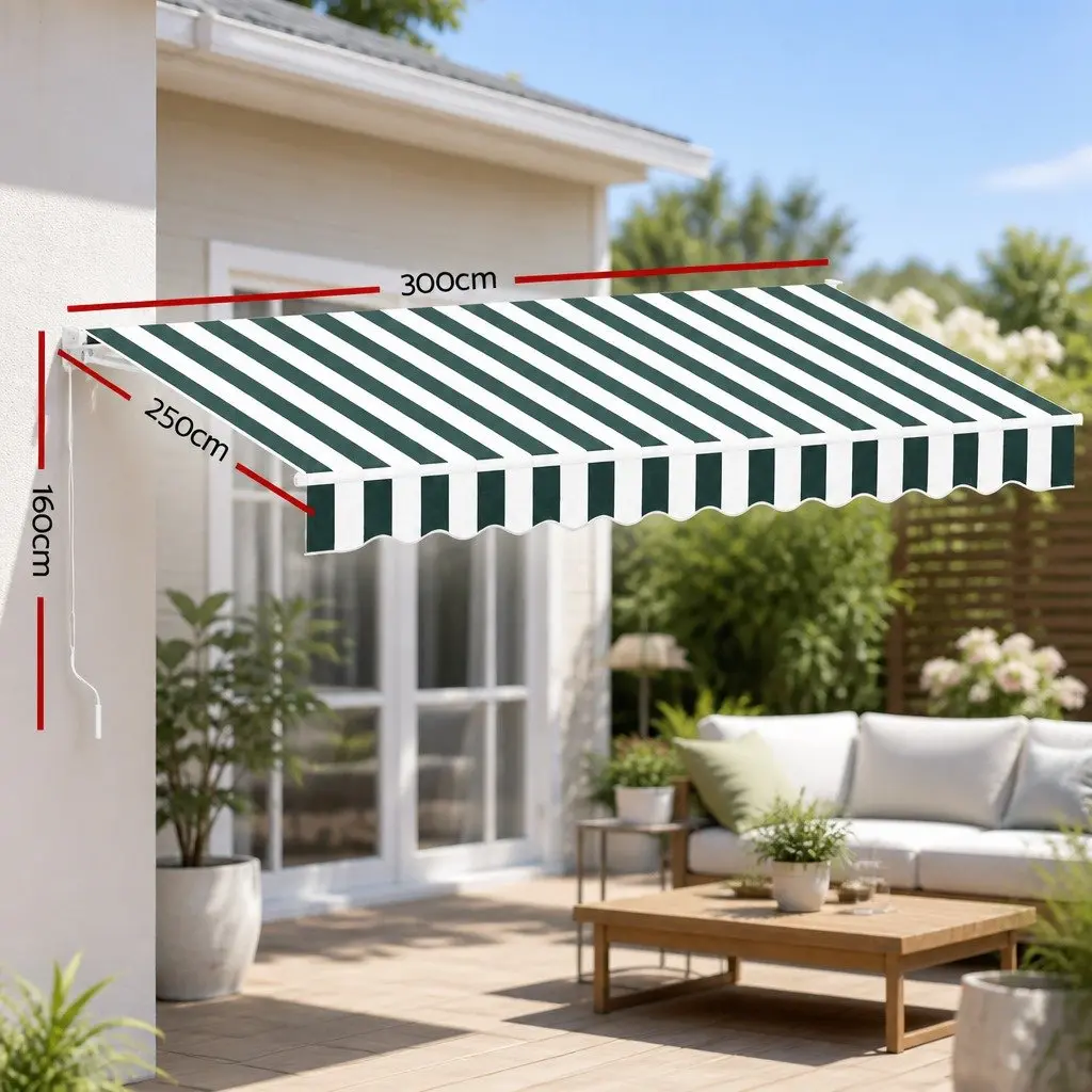 Folding Arm Awning Manual Retractable Aluminium Frame 3m x 2.5m Green White