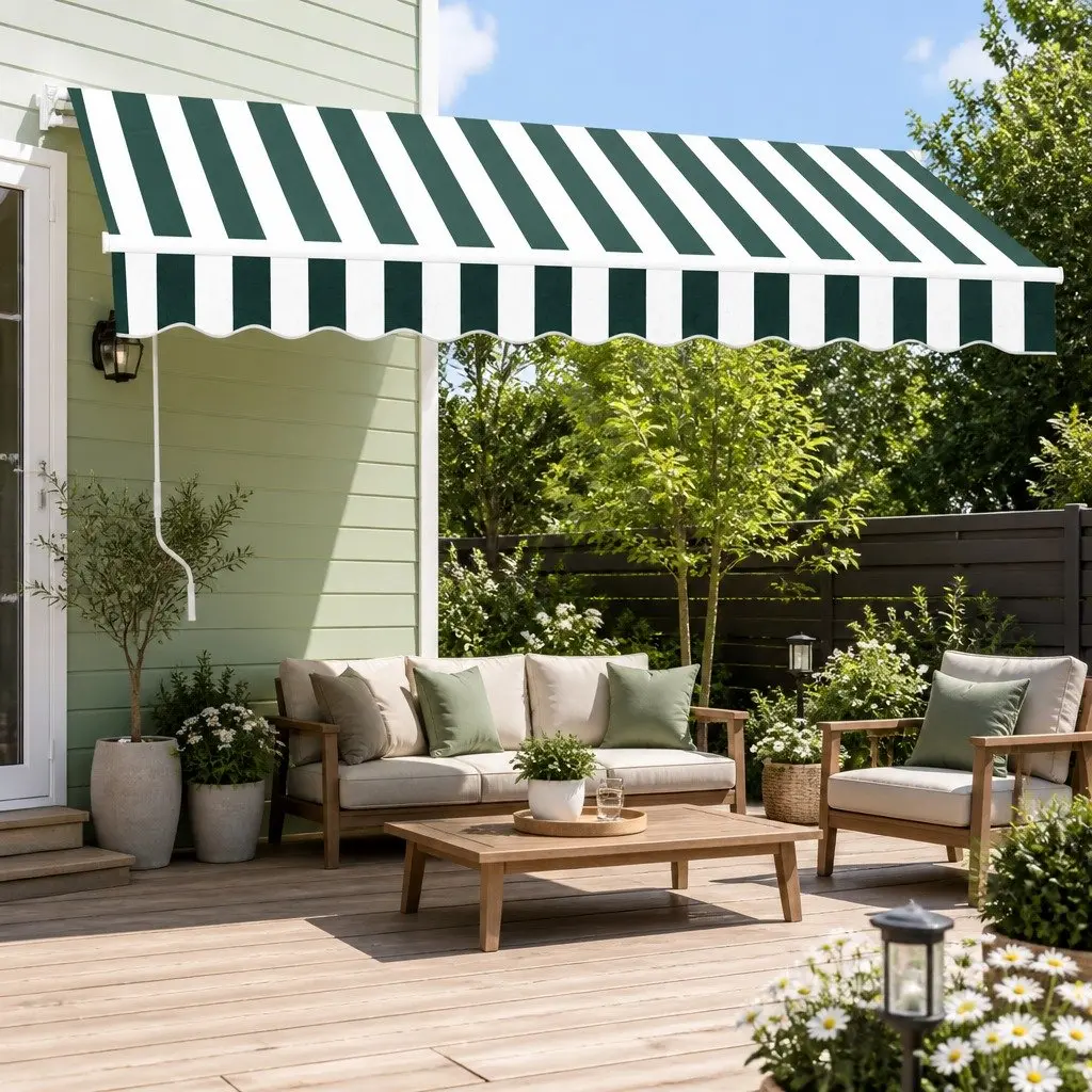 Folding Arm Awning Manual Retractable Aluminium Frame 3m x 2.5m Green White