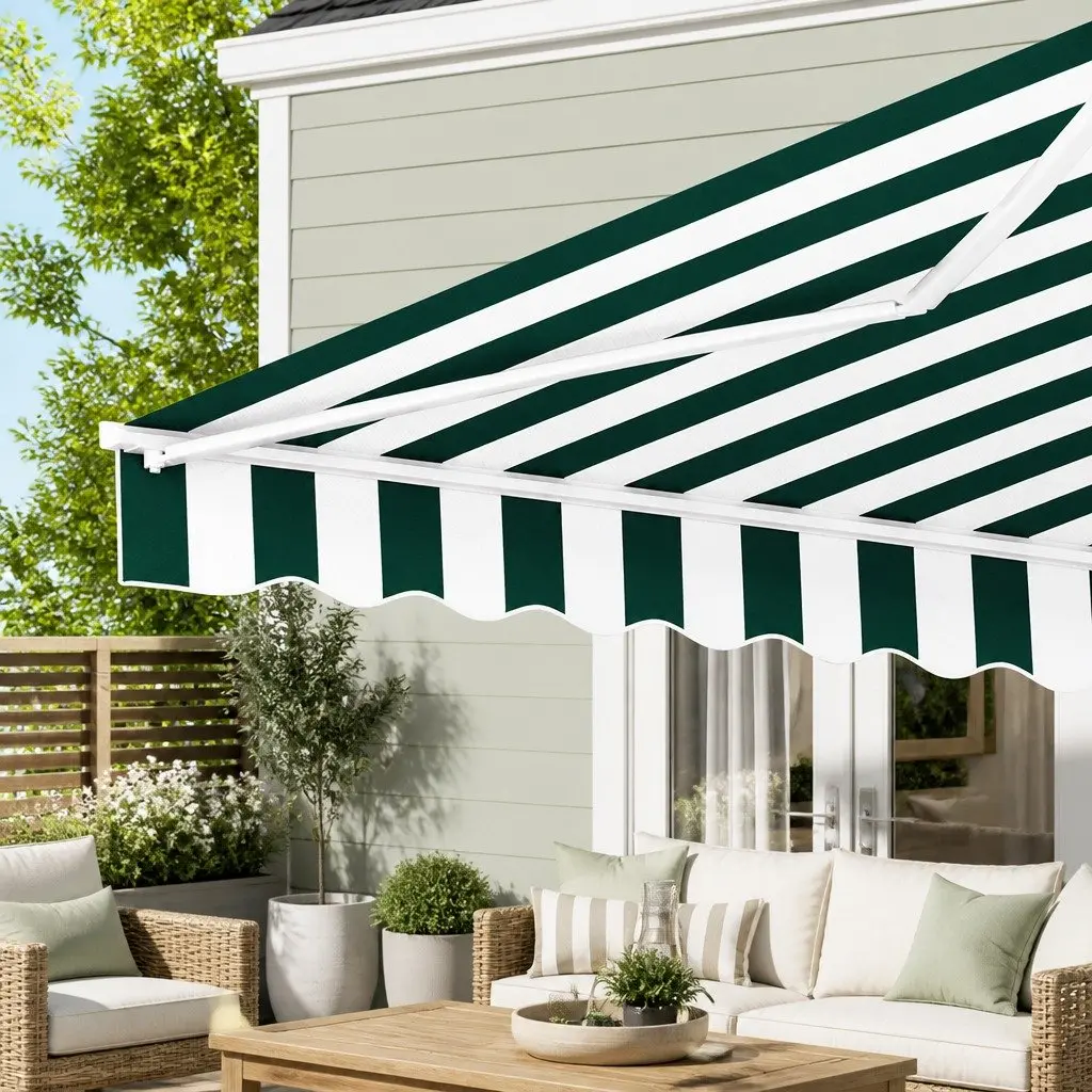 Folding Arm Awning Manual Retractable Aluminium Frame 3m x 2.5m Green White
