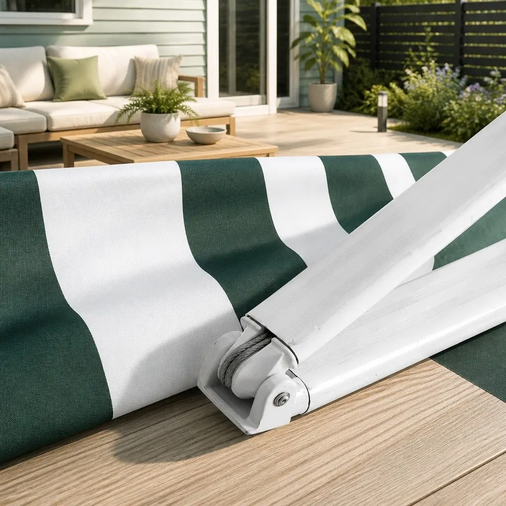 Folding Arm Awning Manual Retractable Aluminium Frame 3m x 2.5m Green White