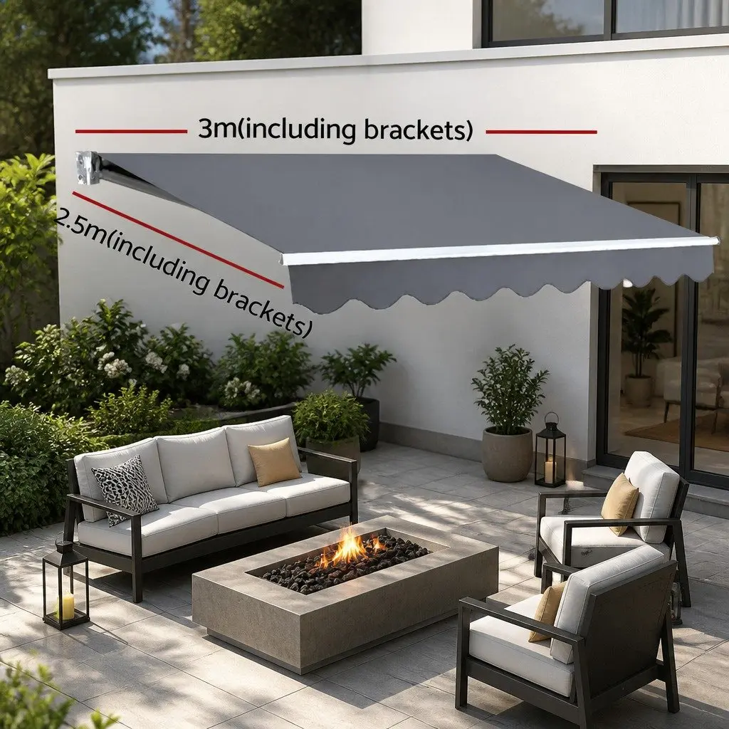 Folding Arm Awning Manual Retractable Sunshade Aluminium Frame 3m x 2.5m Grey