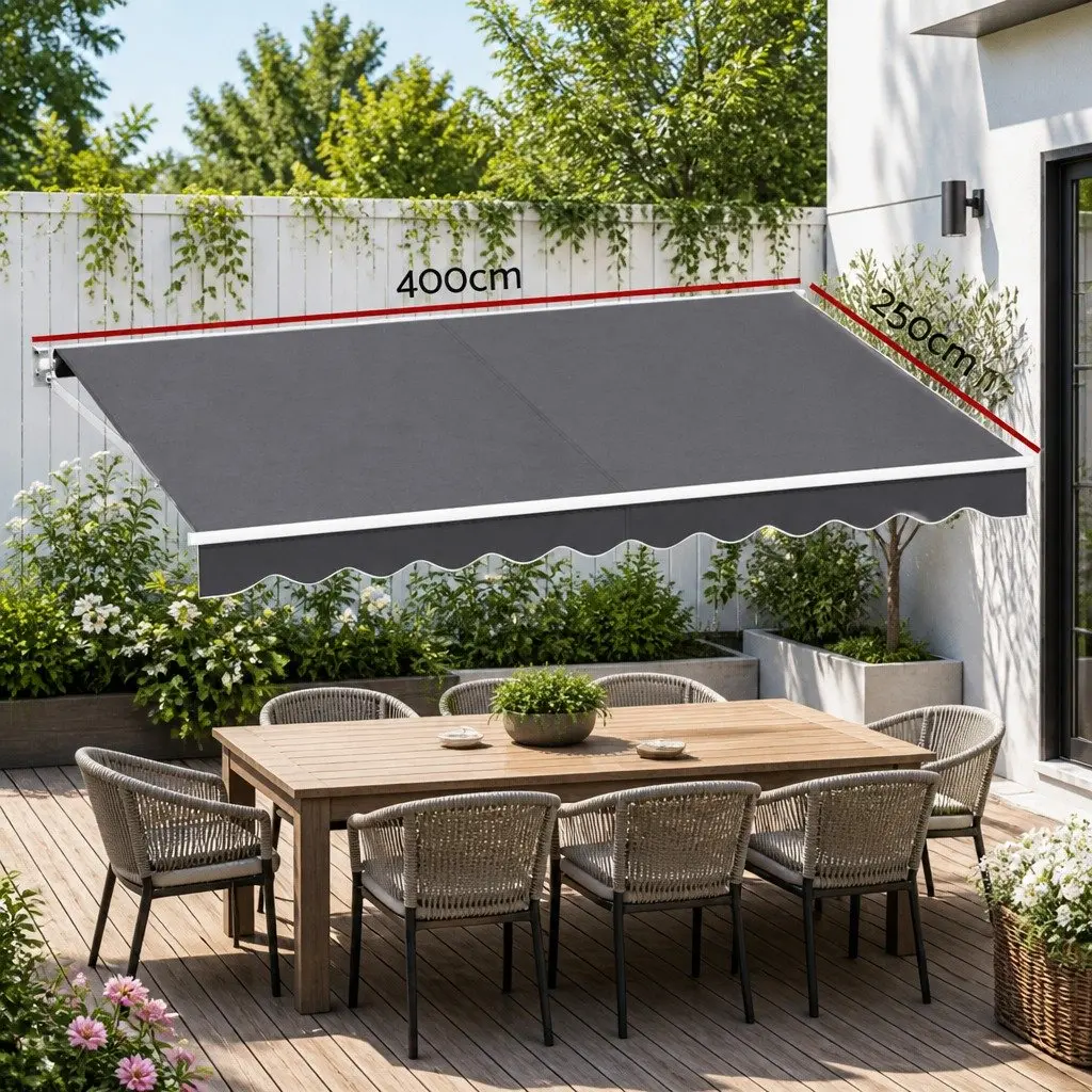Folding Arm Awning Manual Retractable Sunshade Aluminium Frame 4m x 2.5m Grey Polyester
