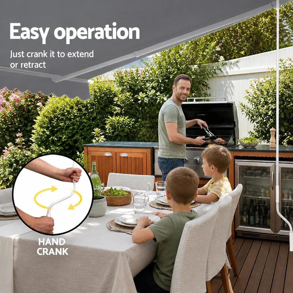 Folding Arm Awning Manual Retractable Sunshade Powder Coated Aluminium Frame Polyester Fabric 4M x 2.5M Pearl Grey