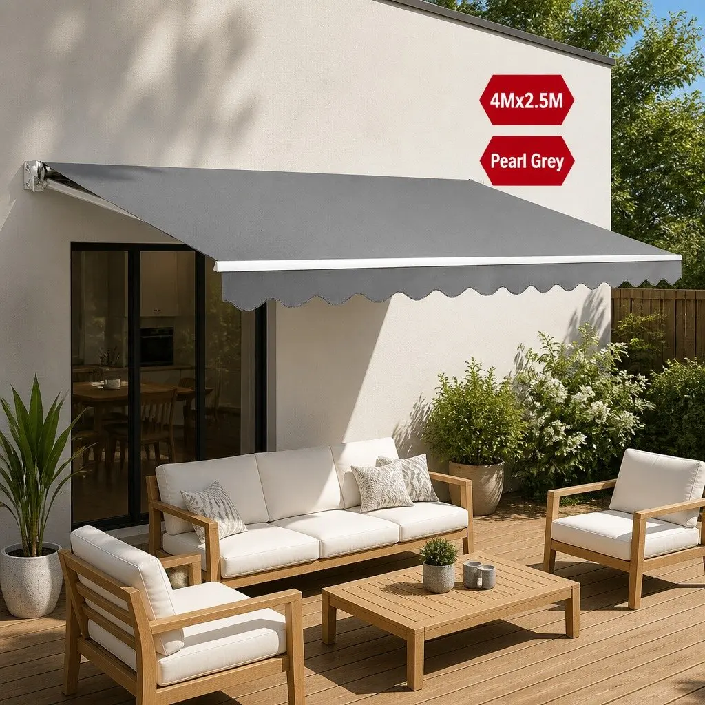 Folding Arm Awning Manual Retractable Sunshade Powder Coated Aluminium Frame Polyester Fabric 4M x 2.5M Pearl Grey