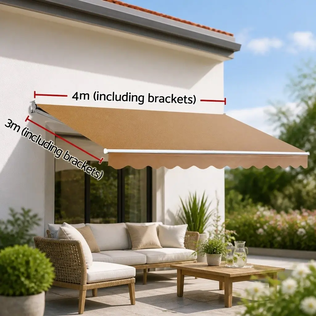 Retractable Folding Arm Awning Manual Hand Crank Sunshade 4M x 3M Beige Patio