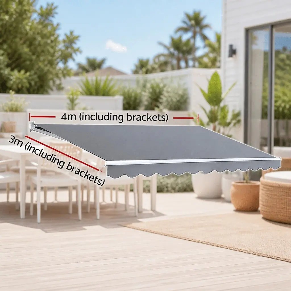 Folding Arm Awning Manual Sunshade Aluminium Frame 4M x 3M Pearl Grey