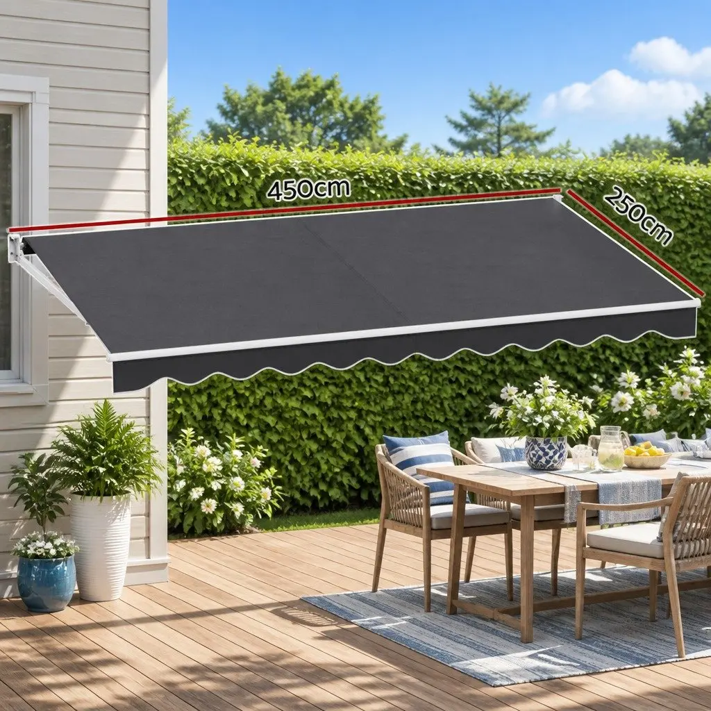 Folding Arm Awning Manual Hand Crank Aluminium Frame 4.5M x 2.5M Grey