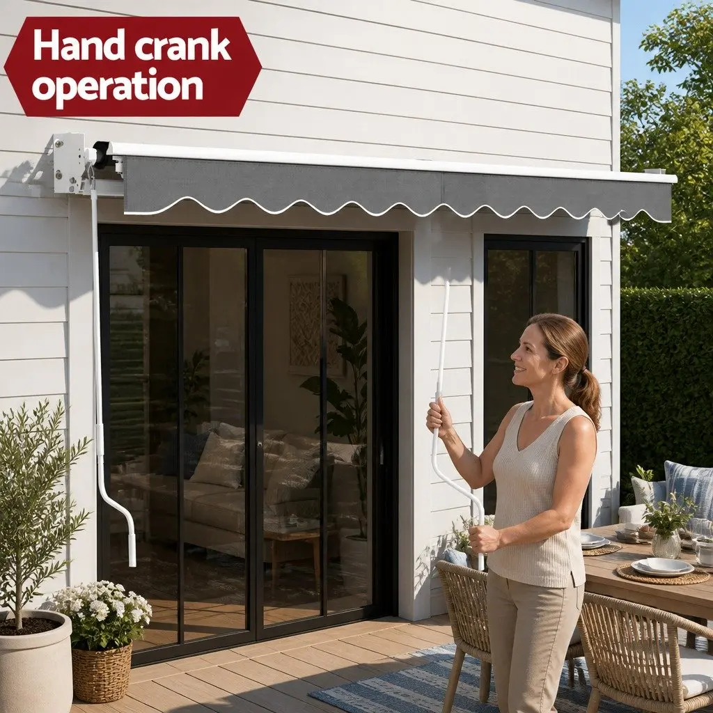 Folding Arm Awning Manual Hand Crank Aluminium Frame 4.5M x 2.5M Grey