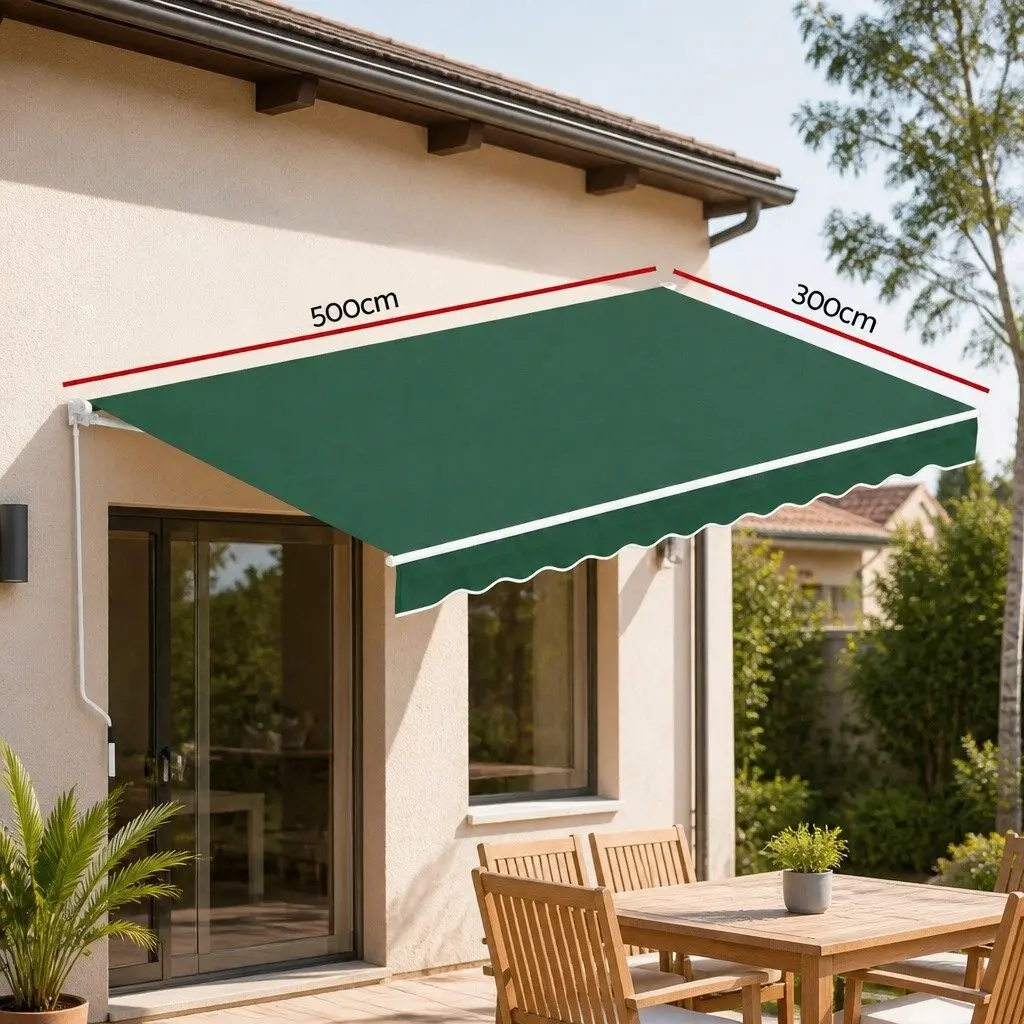 Retractable Folding Arm Awning Aluminium Frame 5m x 3m Dark Green