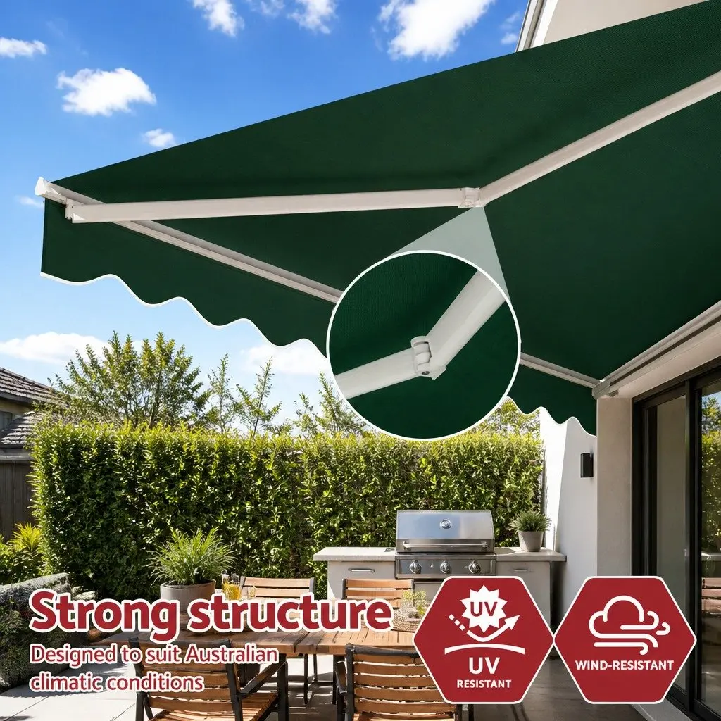 Retractable Folding Arm Awning Aluminium Frame 5m x 3m Dark Green