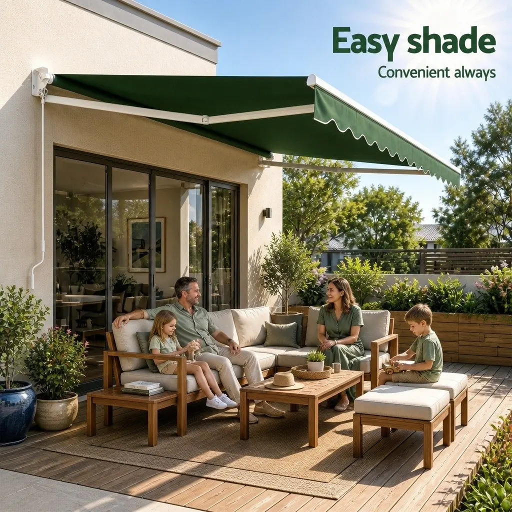 Retractable Folding Arm Awning Aluminium Frame 5m x 3m Dark Green