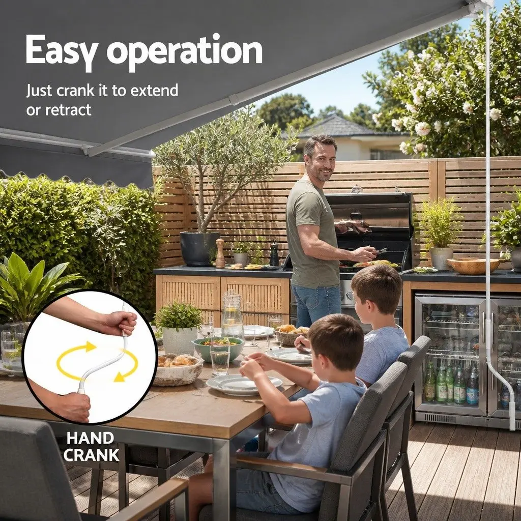 Folding Arm Awning Manual Retractable Sunshade Aluminium Frame Polyester Fabric 5m x 3m Grey