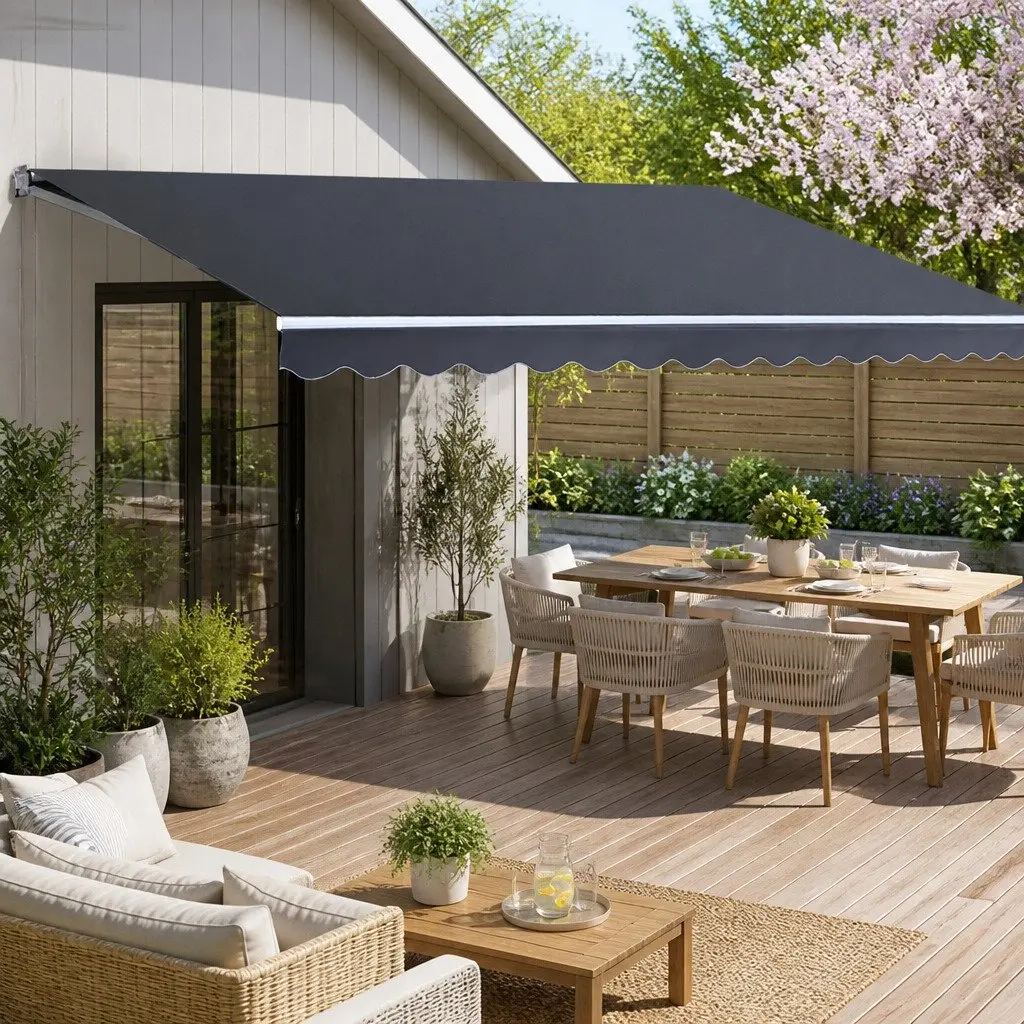 Folding Arm Awning Manual Retractable Sunshade Aluminium Frame Polyester Fabric 5m x 3m Grey