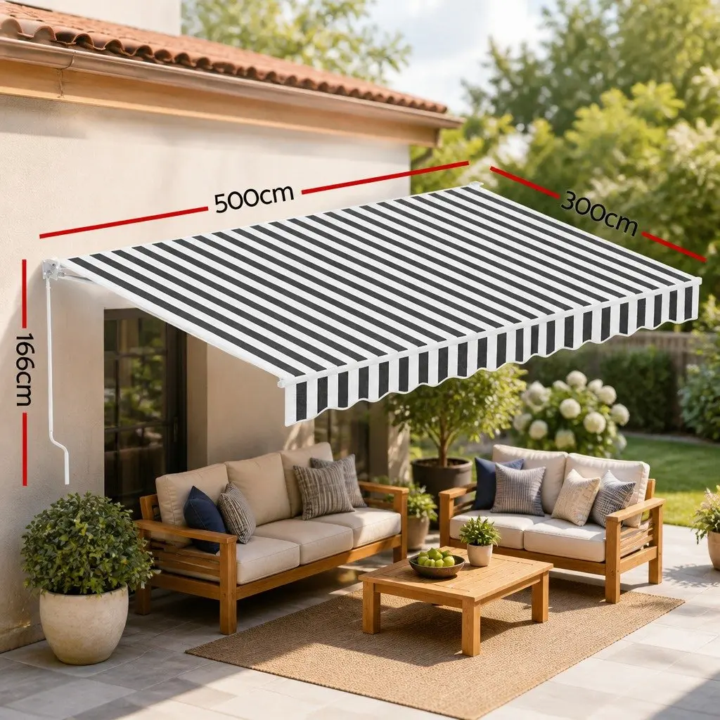 Folding Arm Awning Aluminium UV Resistant Water Resistant 5m x 3m Grey White Manual Hand Crank Retractable Shade for Patio Garden