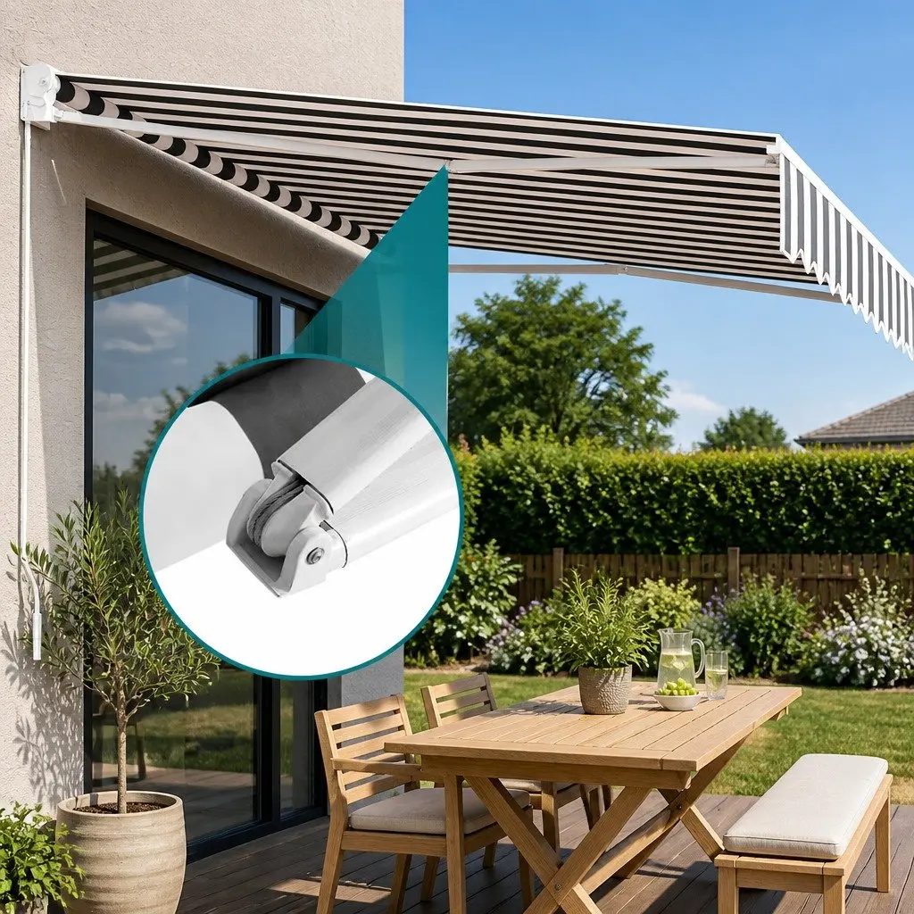 Folding Arm Awning Aluminium UV Resistant Water Resistant 5m x 3m Grey White Manual Hand Crank Retractable Shade for Patio Garden