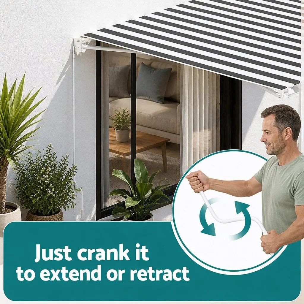 Folding Arm Awning Aluminium UV Resistant Water Resistant 5m x 3m Grey White Manual Hand Crank Retractable Shade for Patio Garden