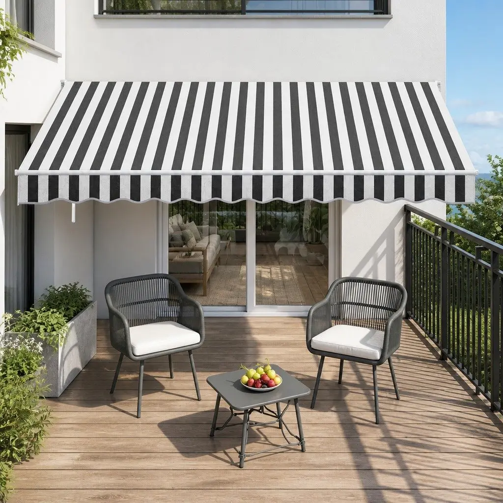 Folding Arm Awning Aluminium UV Resistant Water Resistant 5m x 3m Grey White Manual Hand Crank Retractable Shade for Patio Garden