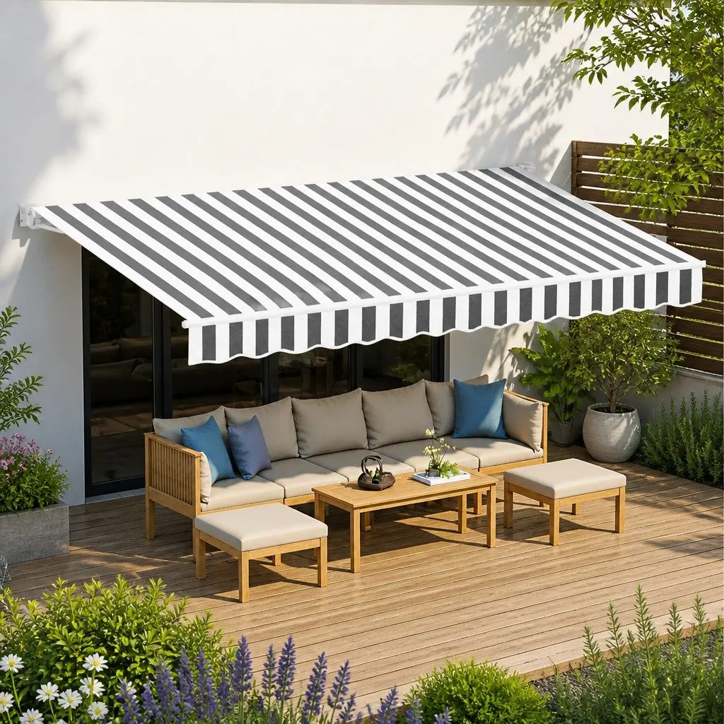 Folding Arm Awning Aluminium UV Resistant Water Resistant 5m x 3m Grey White Manual Hand Crank Retractable Shade for Patio Garden