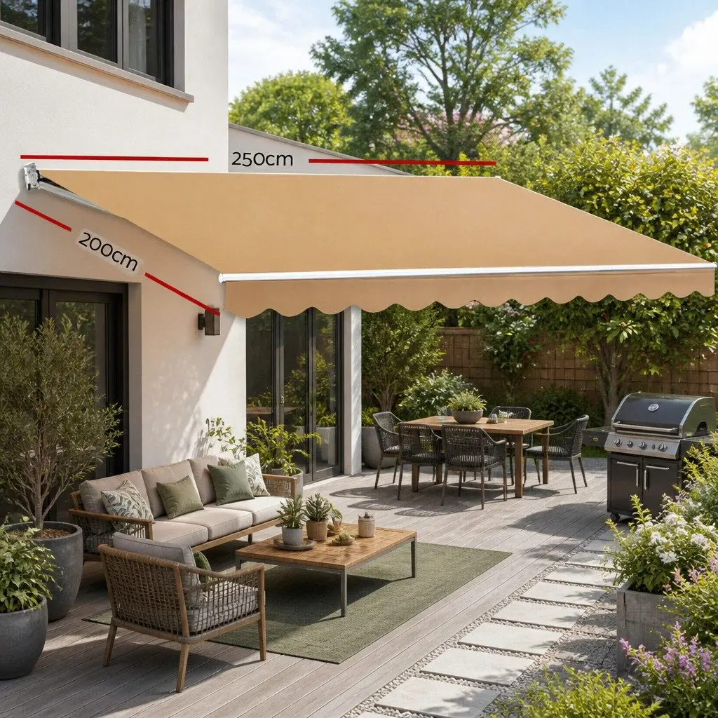 Retractable Folding Arm Awning Motorised Remote Control Aluminium Frame Polyester Fabric 2.5m x 2m Beige Grey