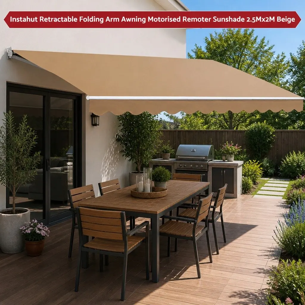 Retractable Folding Arm Awning Motorised Remote Control Aluminium Frame Polyester Fabric 2.5m x 2m Beige Grey