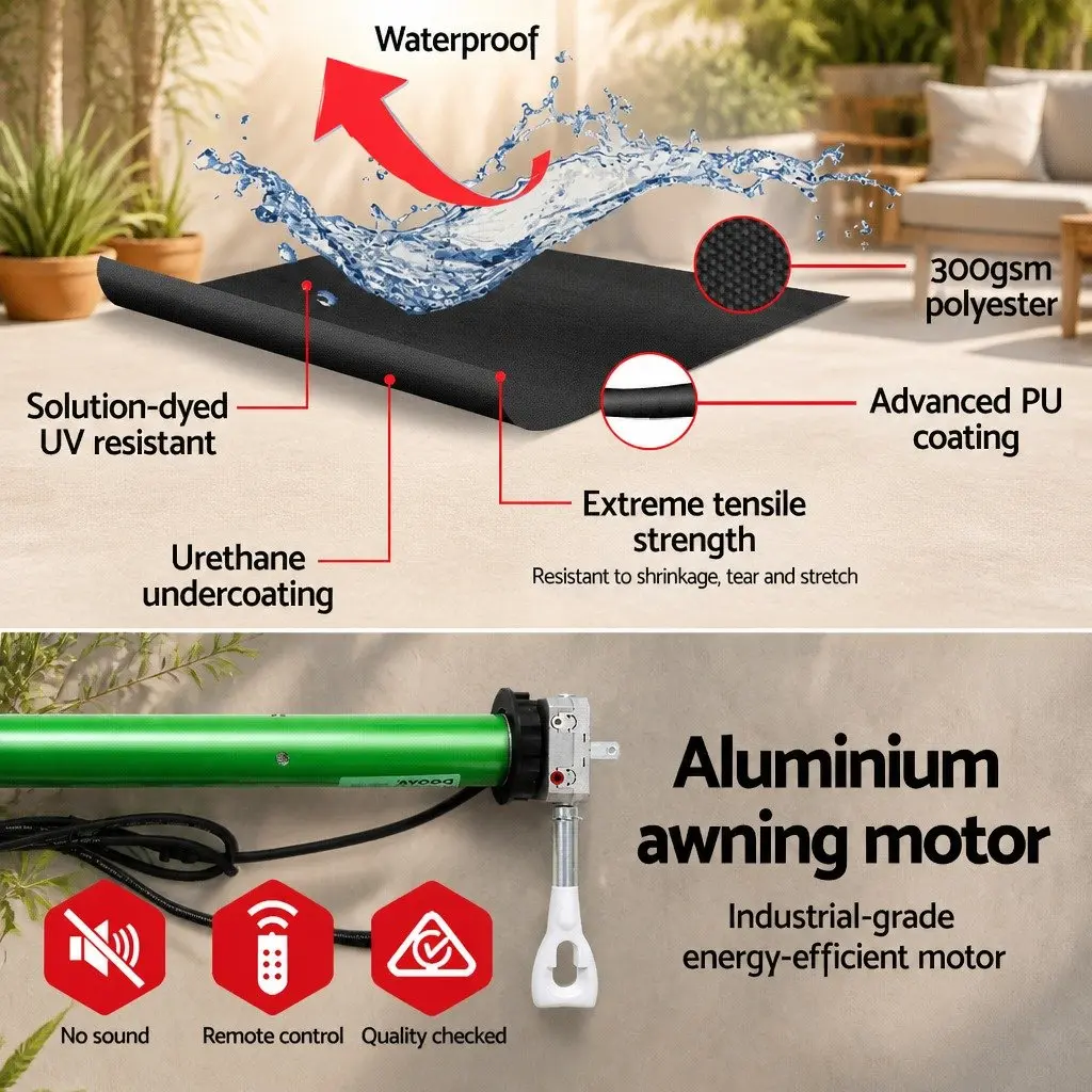 Motorised Retractable Folding Arm Awning 2.5M x 2M Grey Polyester Aluminium