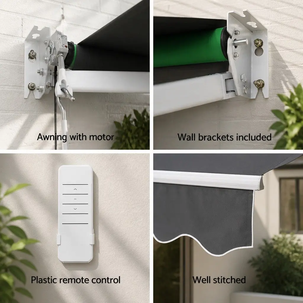 Motorised Retractable Folding Arm Awning 2.5M x 2M Grey Polyester Aluminium