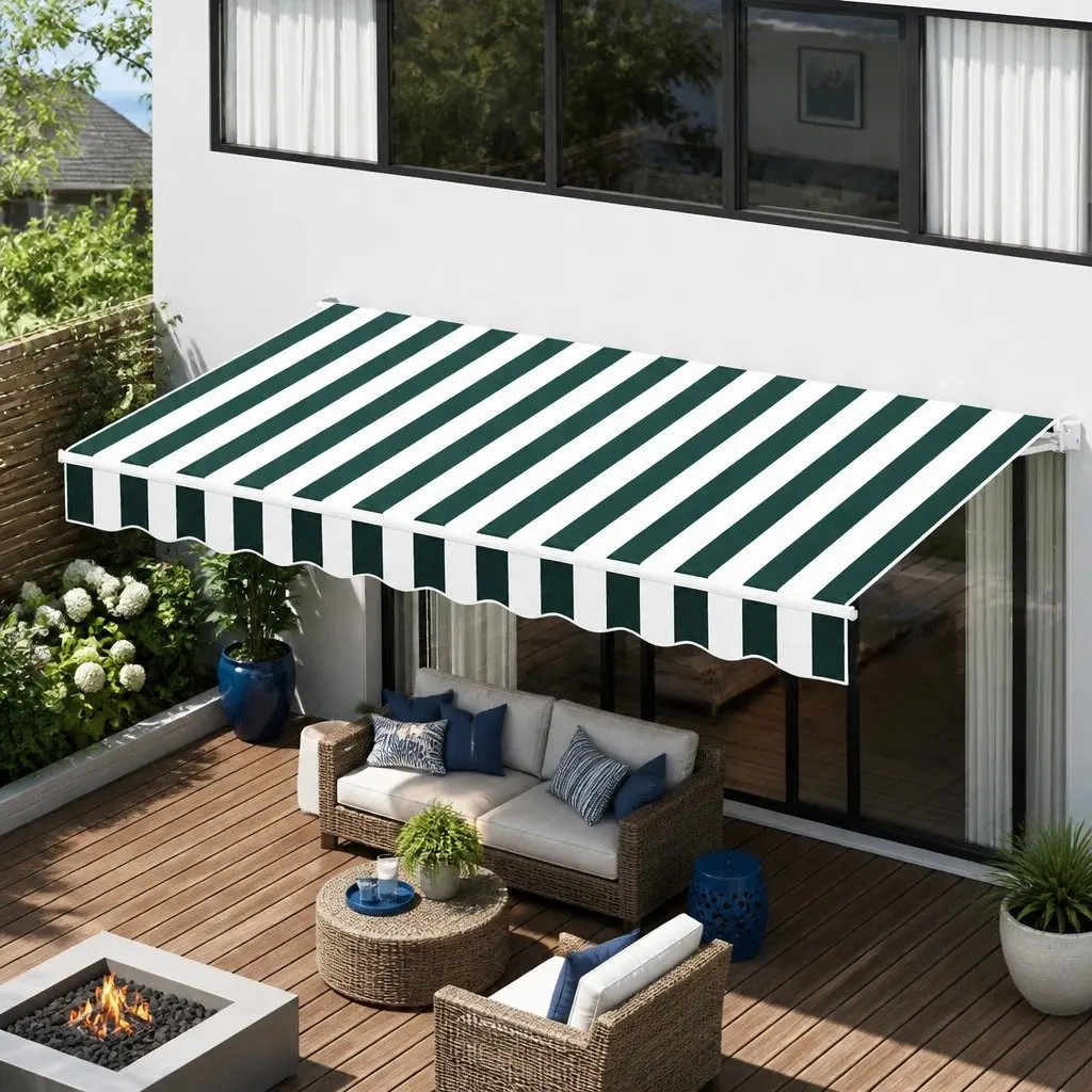 Folding Arm Awning Motorised Remote Control 3m x 2.5m Aluminium Green White Grey