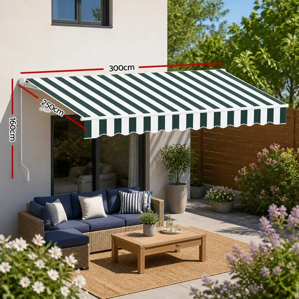 Folding Arm Awning Motorised Remote Control 3m x 2.5m Aluminium Green White Grey