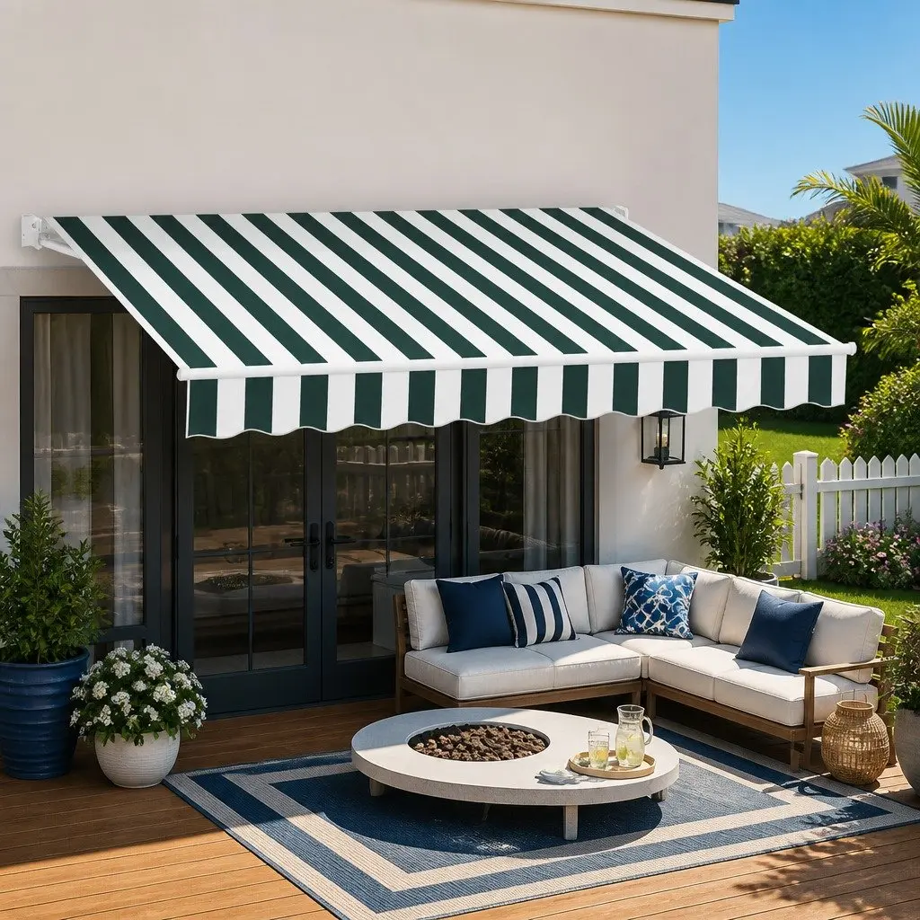 Folding Arm Awning Motorised Remote Control 3m x 2.5m Aluminium Green White Grey