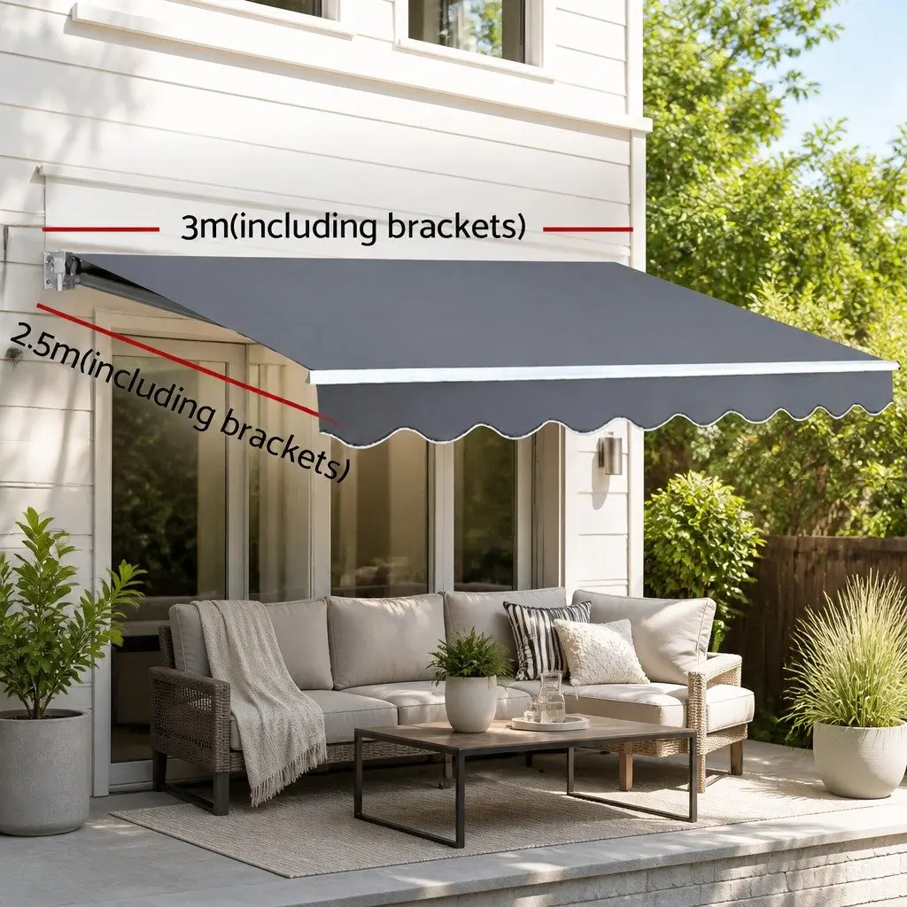 Motorised Retractable Folding Arm Awning 3m x 2.5m Grey Polyester