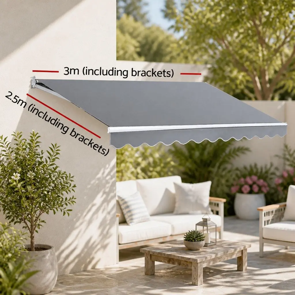 Motorised Retractable Folding Awning Aluminium 3m x 2.5m UV Water Resistant Pearl Grey Green