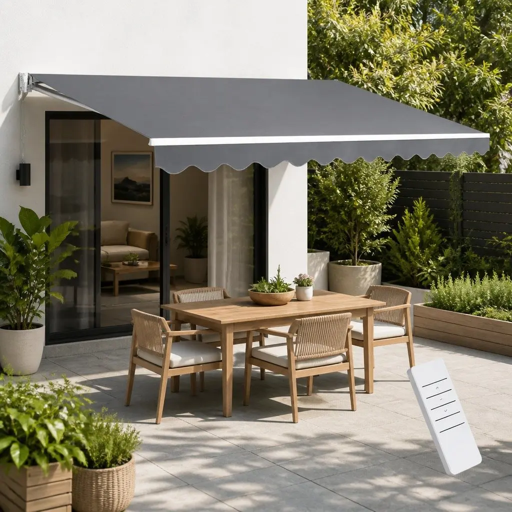 Motorised Retractable Folding Arm Awning Aluminium 4m x 2.5m Pearl Grey