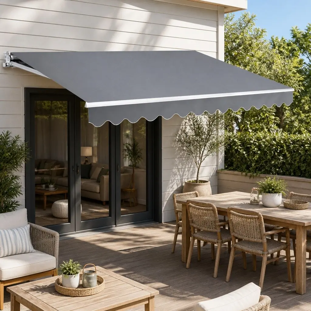 Retractable Folding Arm Awning Motorised 4M x 3M Pearl Grey Polyester Aluminium
