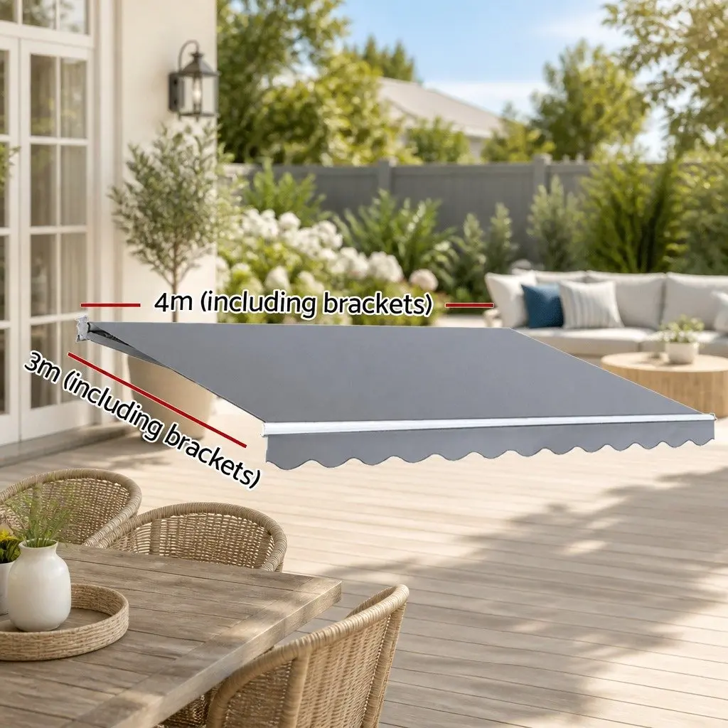 Retractable Folding Arm Awning Motorised 4M x 3M Pearl Grey Polyester Aluminium