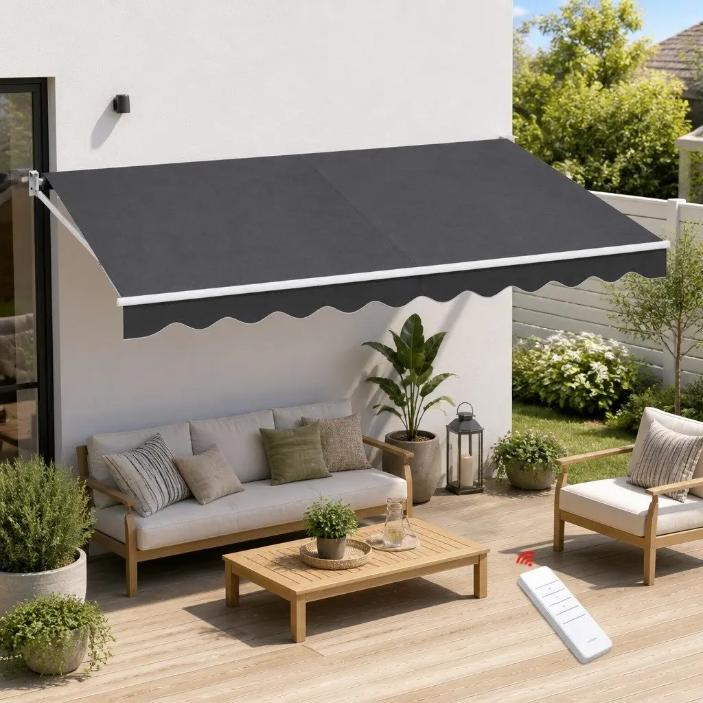 Motorised Retractable Folding Arm Awning Aluminium Frame Polyester Fabric 4.5M x 2.5M Grey or Green