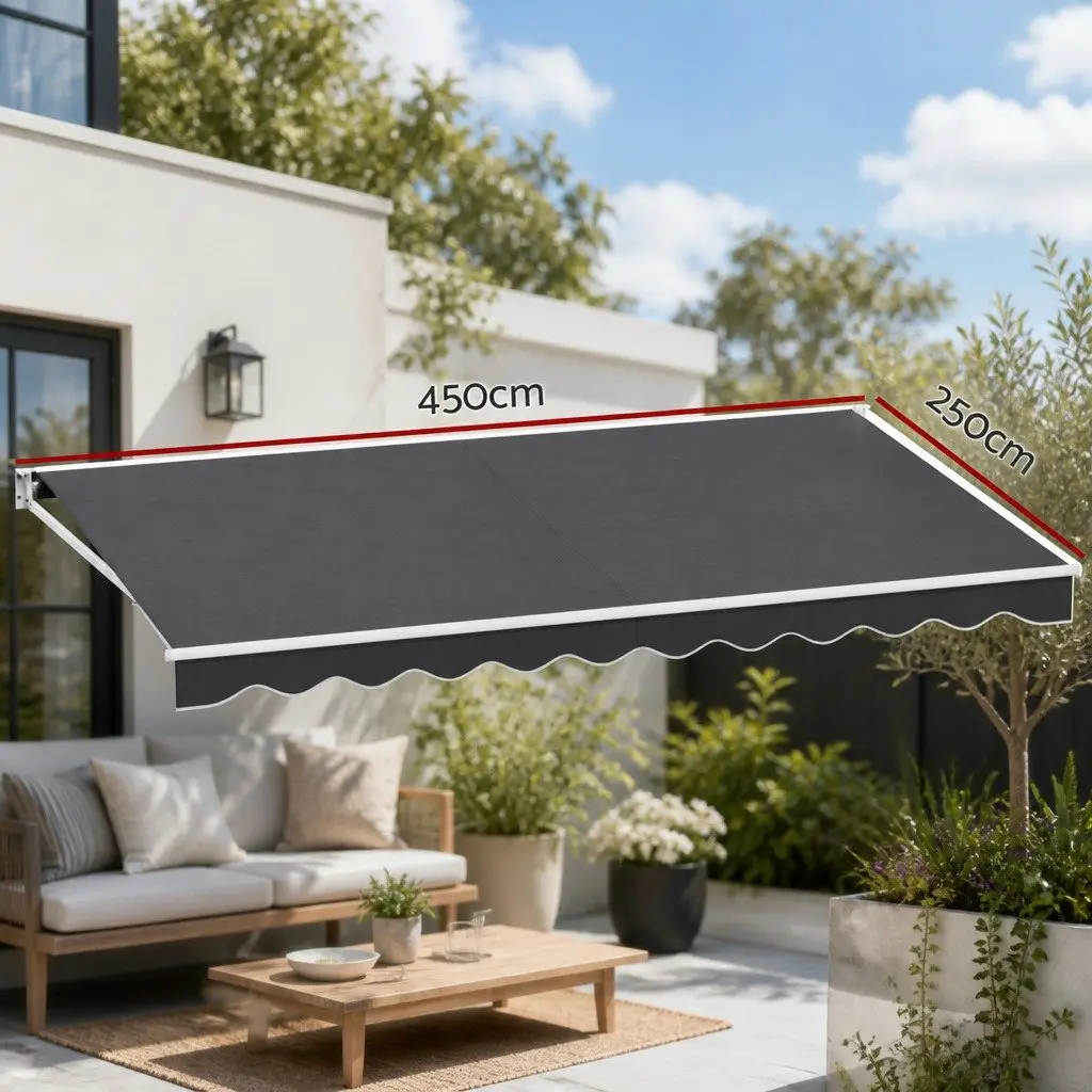Motorised Retractable Folding Arm Awning Aluminium Frame Polyester Fabric 4.5M x 2.5M Grey or Green
