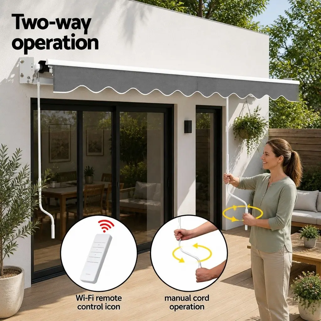 Motorised Retractable Folding Arm Awning Aluminium Frame Polyester Fabric 4.5M x 2.5M Grey or Green