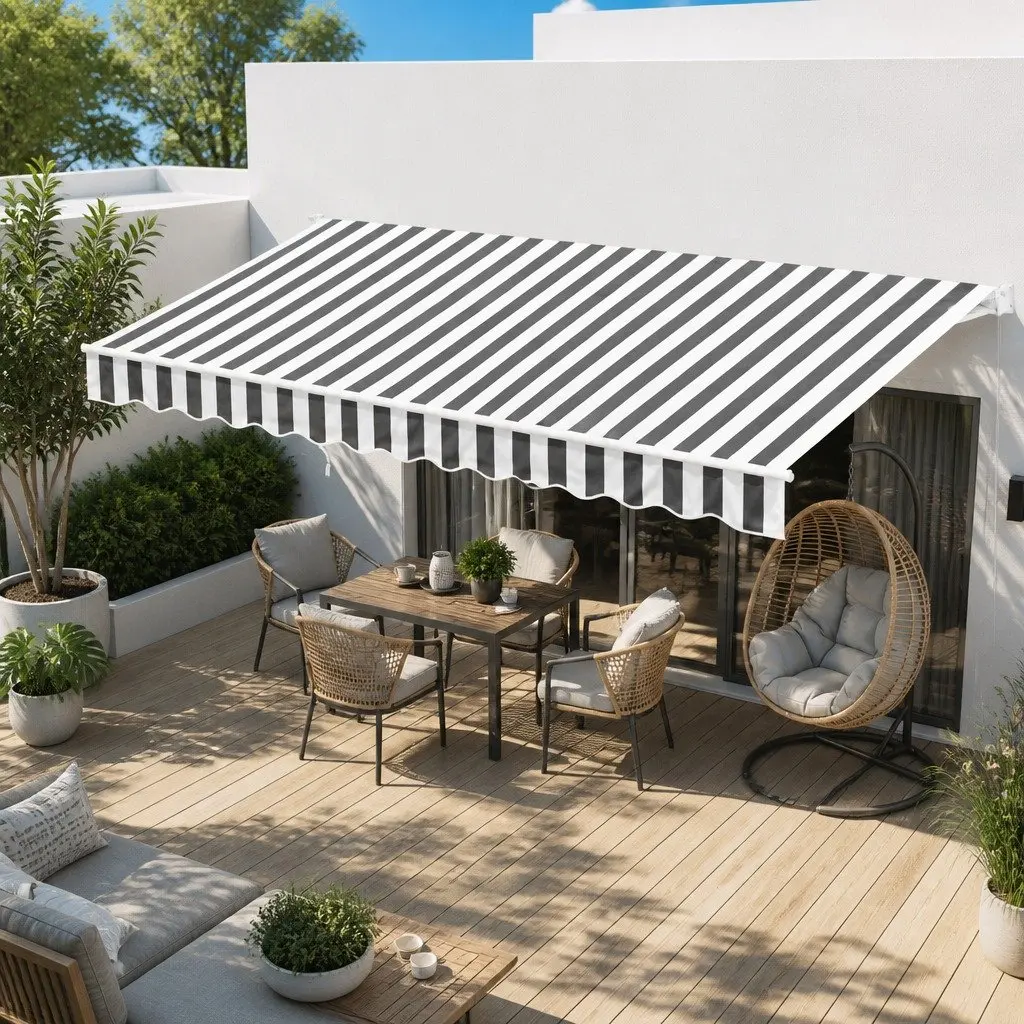 Retractable Folding Arm Awning Motorised Remote Control Aluminium Frame 4.5m x 3m Grey White Green