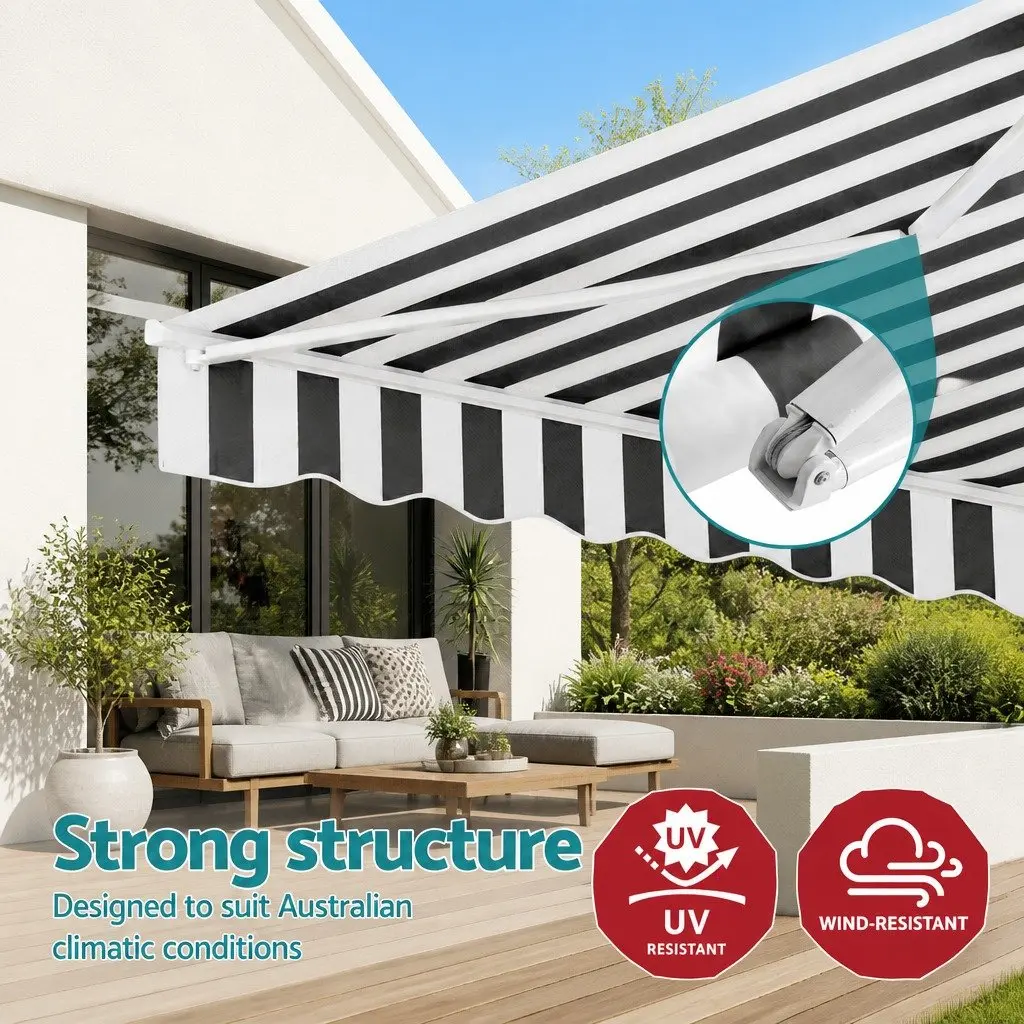 Retractable Folding Arm Awning Motorised Remote Control Aluminium Frame 4.5m x 3m Grey White Green