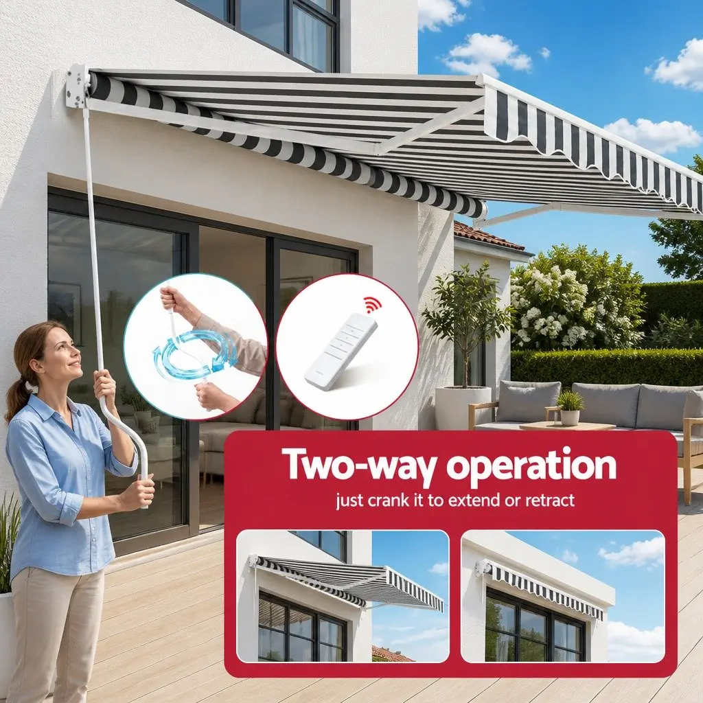 Retractable Folding Arm Awning Motorised Remote Control Aluminium Frame 4.5m x 3m Grey White Green