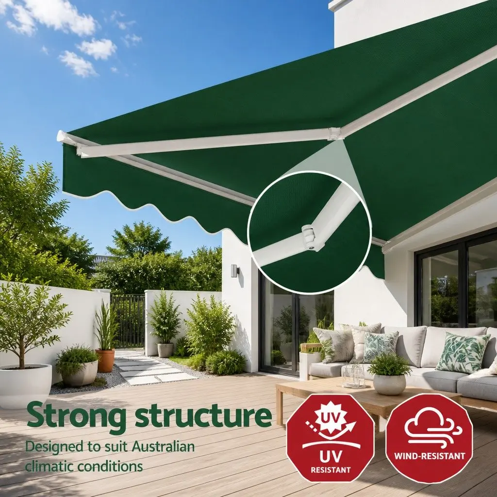 Folding Arm Awning Motorised 5M x 3M Powder-coated Aluminium Dark Green