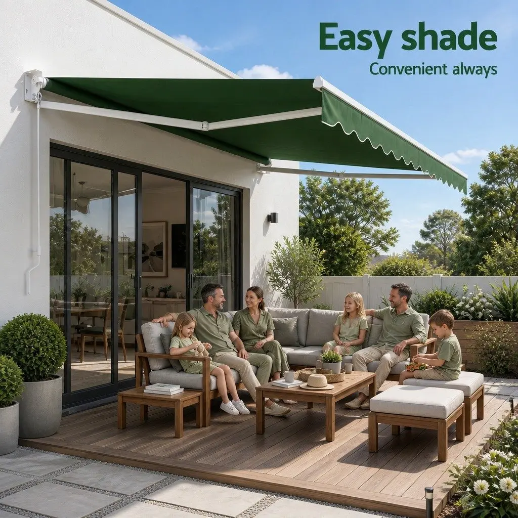 Folding Arm Awning Motorised 5M x 3M Powder-coated Aluminium Dark Green